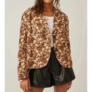 Free People CALI Floral Blazer Jacket Large Brown Retro 70s Boho Print EUC